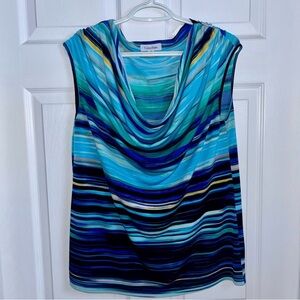 Calvin Klein Top cami tank Cowl neck Women Large sleeveless blue pattern shirt